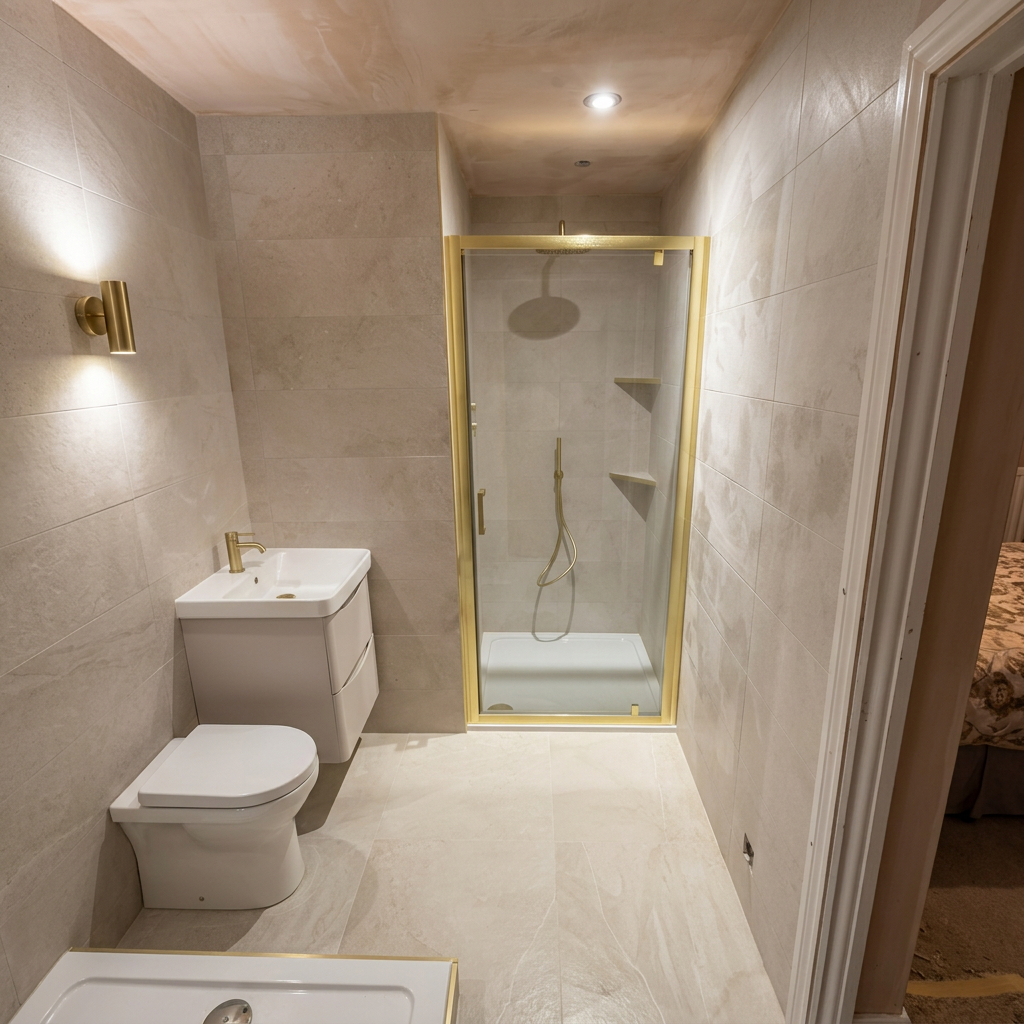 New en-suite bathroom with brass-framed shower enclosure