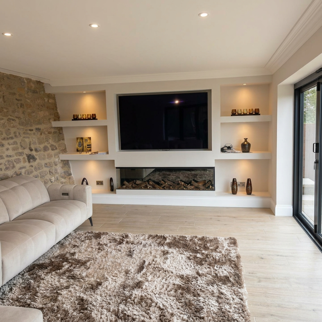 Bespoke media wall with inset electric fire and feature lighting