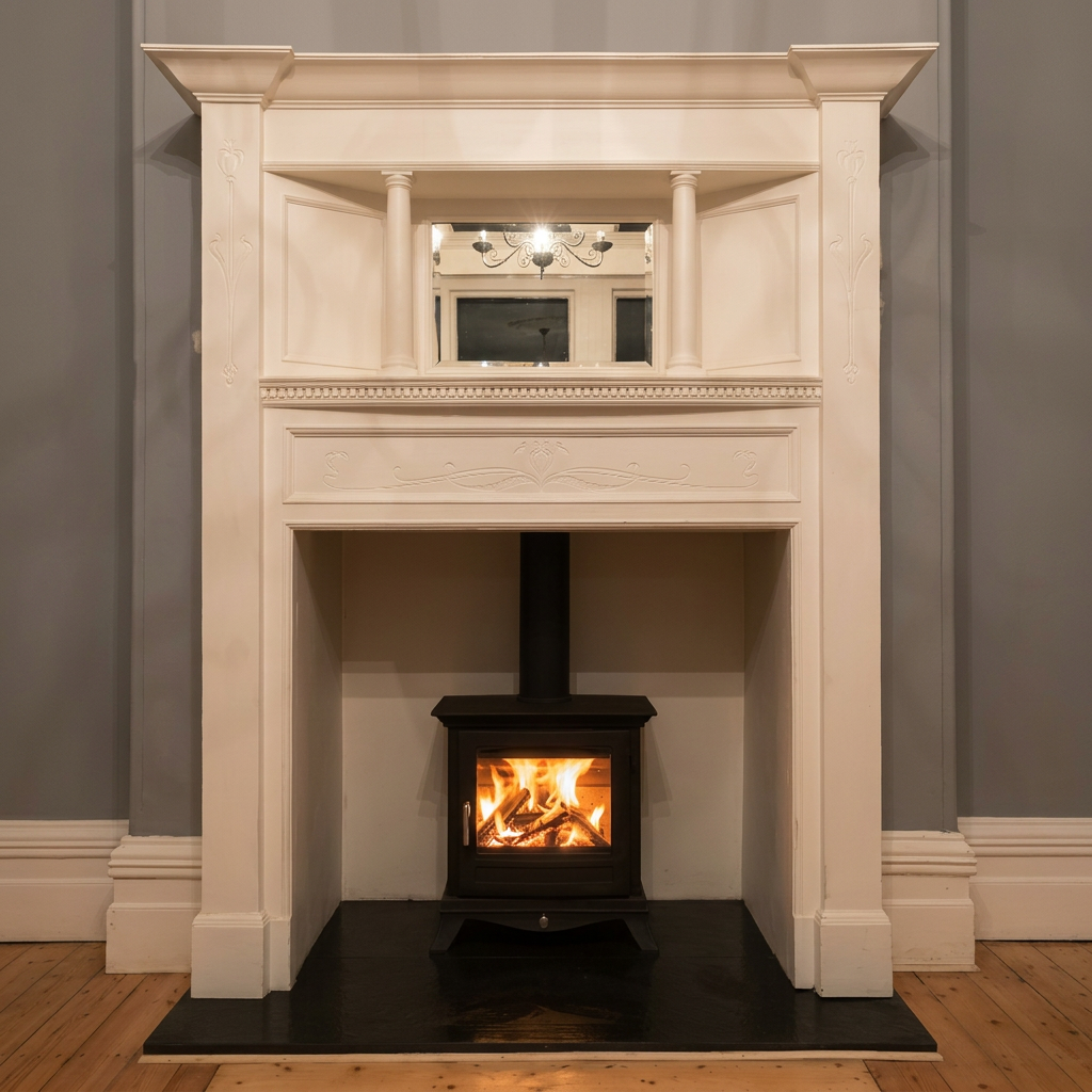 Period fireplace surround with a lit solid-fuel stove