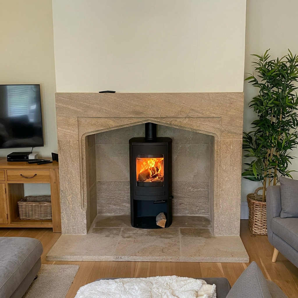 Stone arched recess with a contemporary wood-burning stove